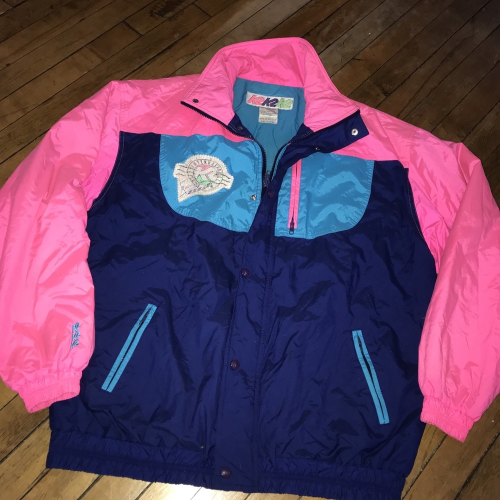 K2 International Womens XL Vintage Ski Jacket Pink Blue Teal Retro Puffer 90s